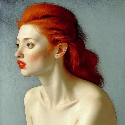 Image similar to a highly detailed portrait, red haired young woman, long hair, green eyes, hint of freckles, round gentle face, cheeky smile with red lips, among golden fireflies and nature by night, deep focus, smooth, sharp, golden ratio, elegant, digital painting by artemisia lomi gentileschi, caravaggio and artgerm