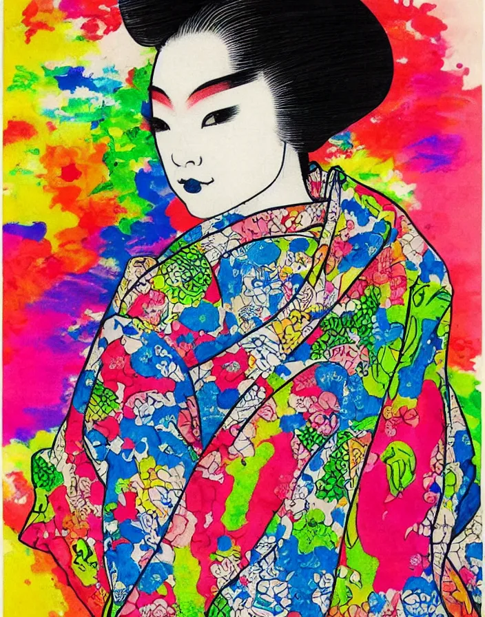Image similar to ink on paper, a portrait of a geisha wearing a colorful kimono with graffiti tags, by goyo hashiguchi!!, colorful, xray melting colors!!