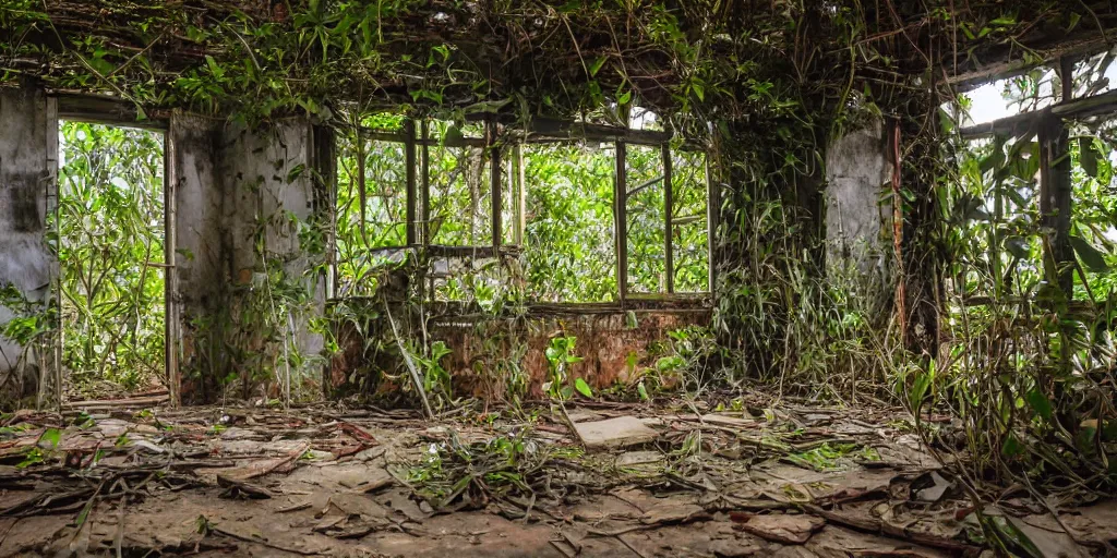 Prompt: abandoned sri lankan classroom, overgrown greenery, photography, dark