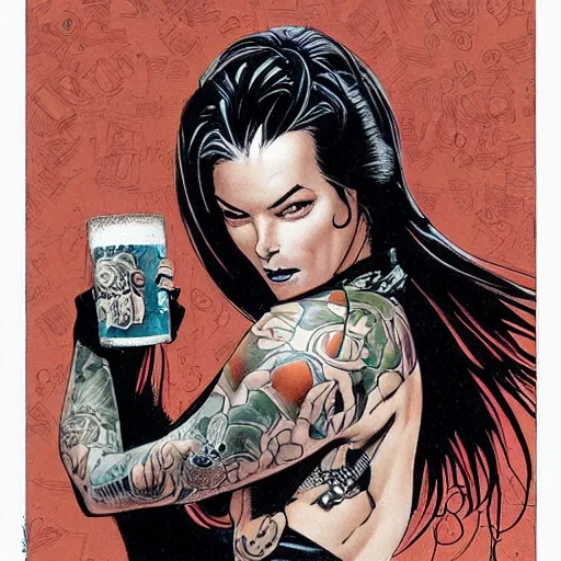 Prompt: a beautiful portrait of a heavily tattooed woman handing you a beer in Travis Charest style