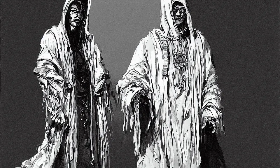 Image similar to portrait hooded shaman, outfit by isei miyake, with rings on all his fingers, selling silver sigils outside of a music venue, cinematography by roger deakins, syd mead, triadic color scheme, sci - fi, arik roper, kirby krackle \, concept art