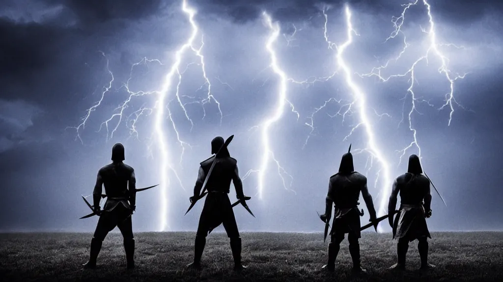 Prompt: two warriors holding swords standing looking up at a villain silhouette thunder lighting storm heavy rain dark clouds