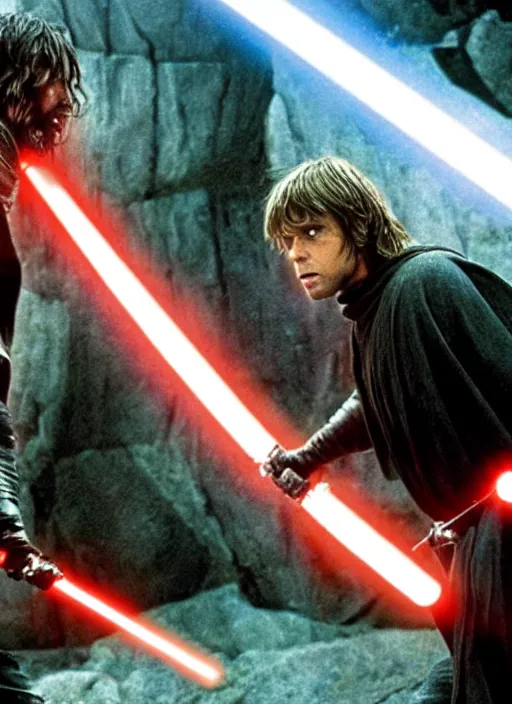 Image similar to Brutal combat Aragorn vs Luke Skywalker. Film still. Aragorn on the left side and Luke Skywalker with red light saber on the right side in the middle earth near broken X-wing ship, high detail