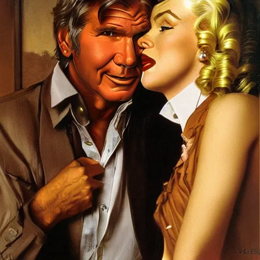 Image similar to a beautiful portrait of Harrison ford and his secretary Marilyn Monroe with long golden blond curly hair gazing warmly at the viewer, golden hour, cool tones, pale skin, by J.C Leyendecker and Norman Rockwell