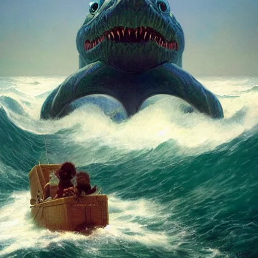 Image similar to an enormous eldritch sea monster peaking it's gigantic head out of the ocean in front of a tiny lifeboat with two children. detailed. photo realistic. masterpiece. john charles dollman. rhads. tianhua xu.