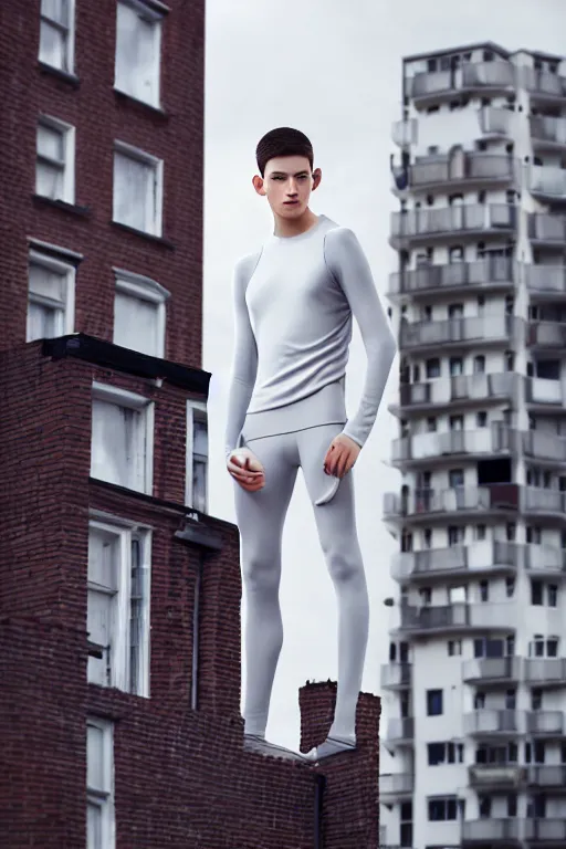 Image similar to un ultra high definition studio quality photographic art portrait of a young man standing on the rooftop of a british apartment building wearing soft padded silver pearlescent clothing. three point light. extremely detailed. golden ratio, ray tracing, volumetric light, shallow depth of field. set dressed.