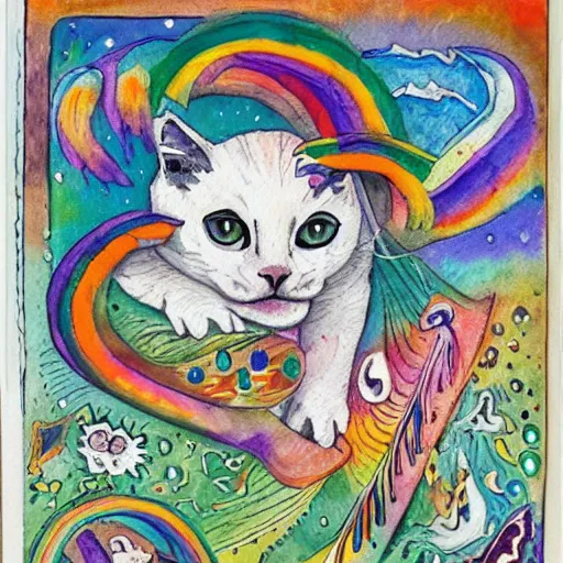 Image similar to a white kitten magically prismatically fractured into every color of the rainbow, watercolor by Louis William Wain,