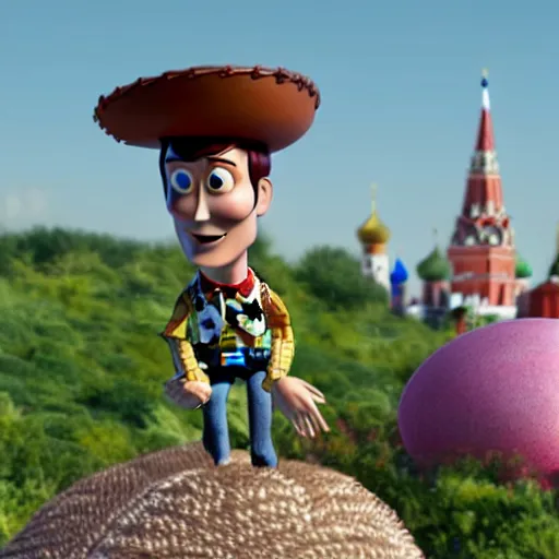 Image similar to a toy story cgi render of a rabbit with david tennant's face sitting on a giant mushroom in moscow 4 k