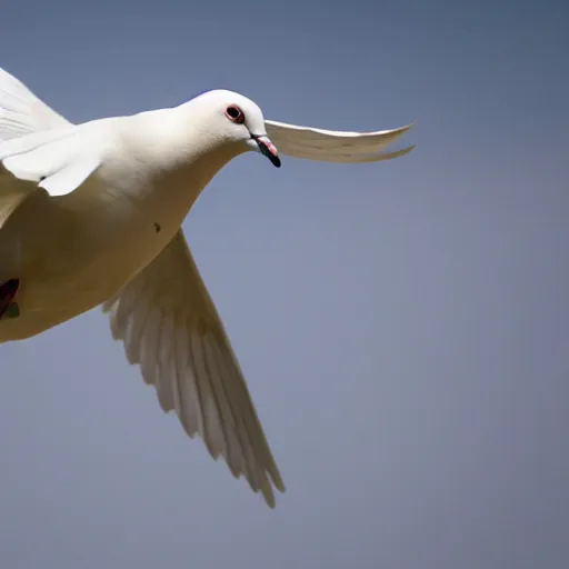 Prompt: photograph of a white dove flying through a warzone