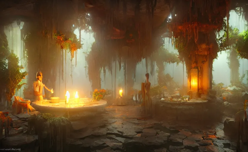 Image similar to painting of an interior of an otherworldly hot spring with candles, natural light, fantasy, lush plants and flowers, natural light, concept art, by greg rutkowski and craig mullins, cozy atmospheric and cinematic lighting, trending on artstation