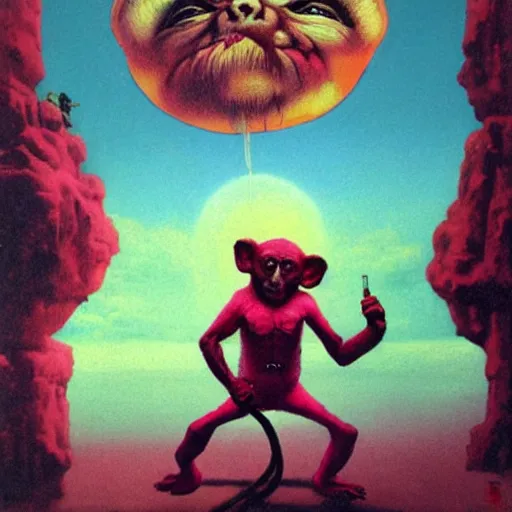 Prompt: monk fight monkey with pink gloves, retro 5 0 s style, art by beksinski and stalenhag