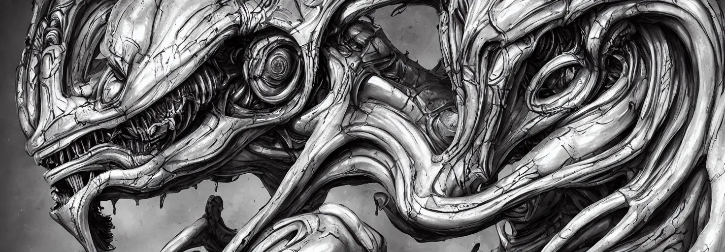 Image similar to engineer alien bood face by Artgerm, xenomorph alien, highly detailed, symmetrical long head, blood color, smooth marble surfaces, detailed ink illustration, raiden metal gear, cinematic smooth stone, deep aesthetic, concept art, post process, 4k, carved marble texture and silk cloth, latex skin, highly ornate intricate details, prometheus, evil, moody lighting, hr geiger, hayao miyazaki, indsutrial Steampunk