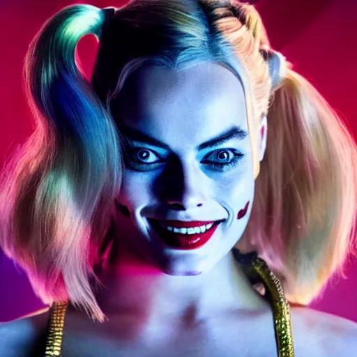 Prompt: photo of Margot Robbie as Harley Quinn floating in the iss, highly detailed skin and face, 8k