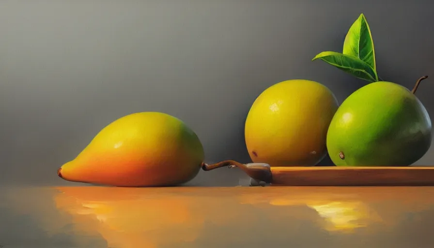 Image similar to mango, still life, oil painting by jama jurabaev, tyler edlin, james paick, emmanuel shiru, victor mosquera, extremely detailed, brush hard, artstation, for aaa game, high quality, brush stroke