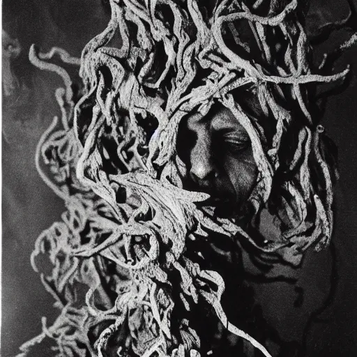 Prompt: photographic portrait of wrinkly sad max ernst dried melting floral tree with spiraling cigarette smoke, in fog, medium long shot