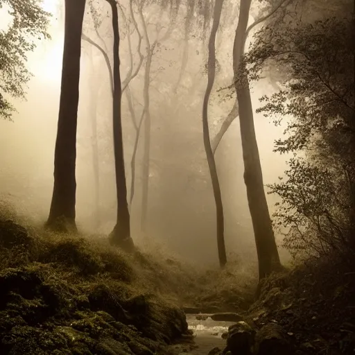 Prompt: a photograph of the ravine in which ancient voices dwell. magical. ancient. mist. ghostly. magic particles. cinematic.