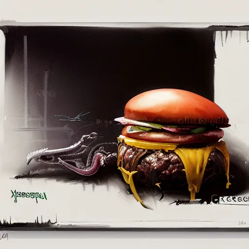 Prompt: hyper realistic hamburger as a xenomorph, painted by greg rutkowski