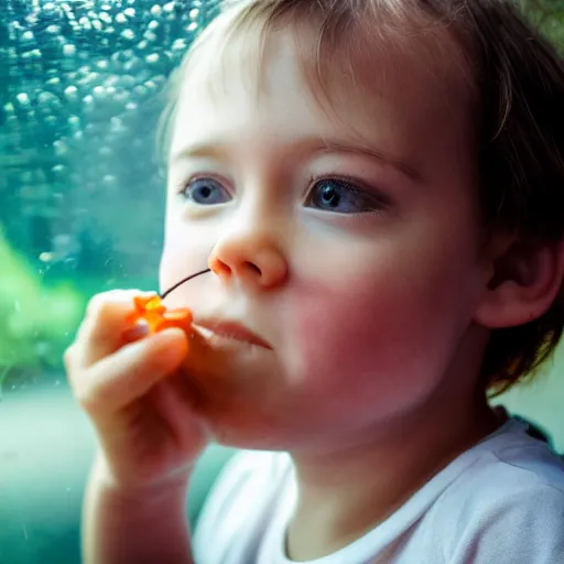 Image similar to closeup portrait of beautiful kid looking through a aquarium fish ball, the kid is in a tent with a lantern, excitement, surprise, happiness, professional photoshoot, kodak portra, photographed in film, soft and detailed, realistic, bokeh