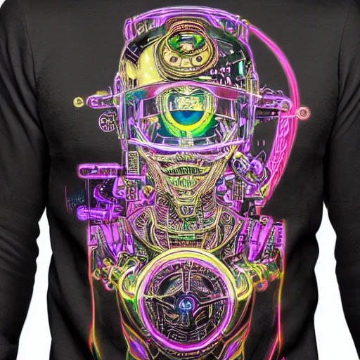 Prompt: mockup of a black tshirt with a hyperdetailed portrait of a steampunk robot by hajime sorayama, 8 k, symetrical, flourescent colors, happy trippy mood, multicolored,