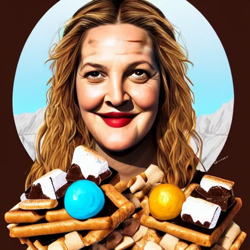 Image similar to drew barrymore in a smore, chocolate, marshmallow graham cracker, bionix scifi alexandre ferra, digital painting by arcimboldo