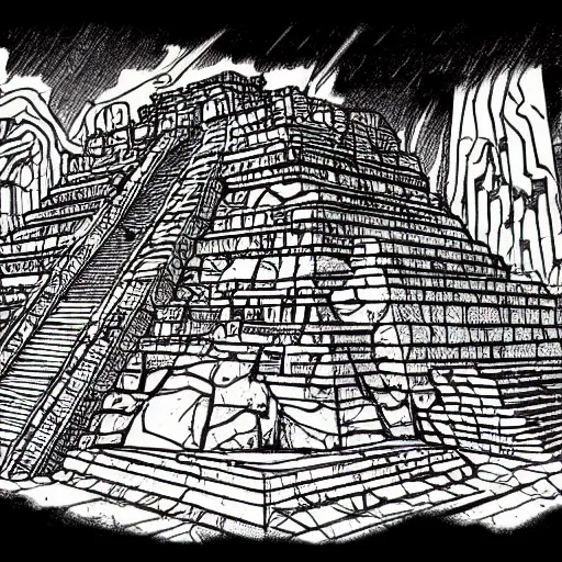 Image similar to precisely drawn illustration of a Mayan temple, wide angle, sharp, fine details, French comic style, cyberpunk, intense line art, 8k, precise linework, realistic, in the style of Richard Corben and Moebius