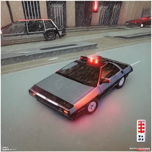 Image similar to hyperdetailed, photorealistic photograph of a dmc 1 2 delorean driving in the streets, rain, night, dense fog, hd, unreal engine 5