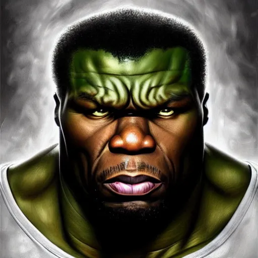 Image similar to 5 0 cent as the hulk, digital painting, extremely detailed, 4 k, intricate, brush strokes, mark arian, artgerm, bastien lecouffe - deharme