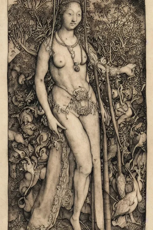 Image similar to albrecht durer, albrecht altdorfer, hans holbein, lucas cranach, gustave dore, engraving-style tattoo of regal female boddhisatva with the attributes of Diana, Athena, Guanyin, Shakti, Isthar, Deborah, and Seshat, wearing a robe, standing gracefully upon a lotus, surrounded by egrets and northern wetland flora