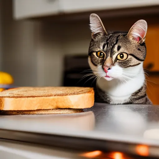 Image similar to an anthropomorphic cat makes a ham sandwich in a kitchen, 85mm f1.8