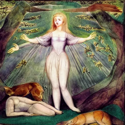 Prompt: by william blake harrowing. a beautiful installation art of princess aurora singing in the woods while surrounded by animals. she looks so peaceful & content in the company of the animals, & the colors are simply gorgeous.