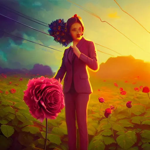 Prompt: closeup, large rose flower head, frontal, girl in a suit, surreal photography, sunrise, dramatic light, impressionist painting, digital painting, artstation, simon stalenhag