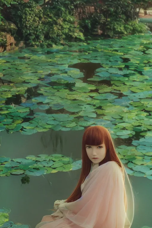 Prompt: Cinestill 800t, 8K, highly detailed, moebius seinen manga 3/4 extreme closeup portrait, clear eyes, focus on art nouveau fairy dress model, tilt shift zaha hadid style anime background: famous moebius anime remake, Garden pond scene