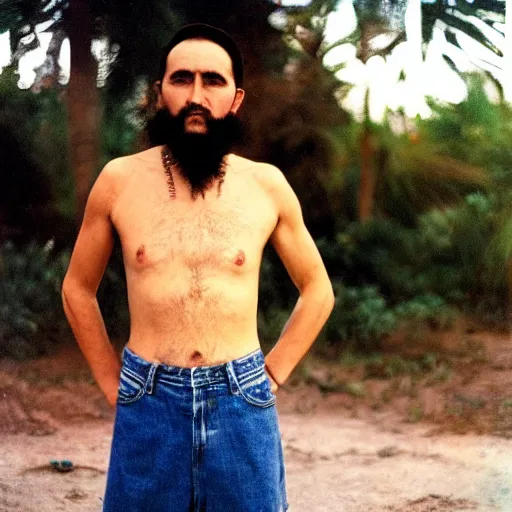 Prompt: fidel castro posing while wearing denim shorts, full body portrait, 3 5 mm film, by nan goldin