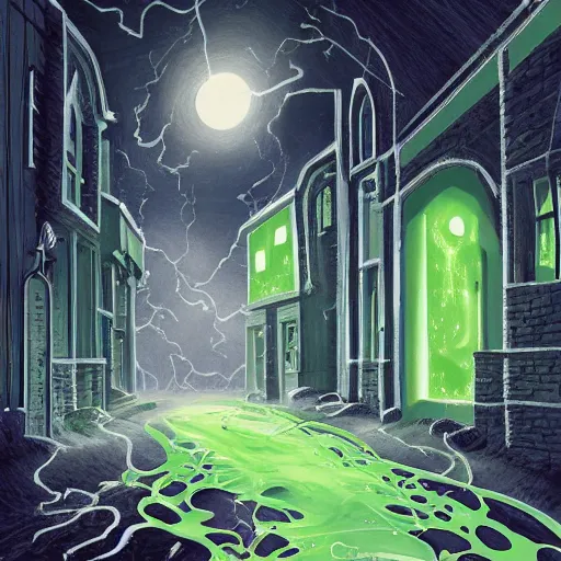 Image similar to a being of green ghostly viscous slime ooze making its way through abandoned midnight suburban streets, inevitable doom, ooblek, wisp lights, rhads,