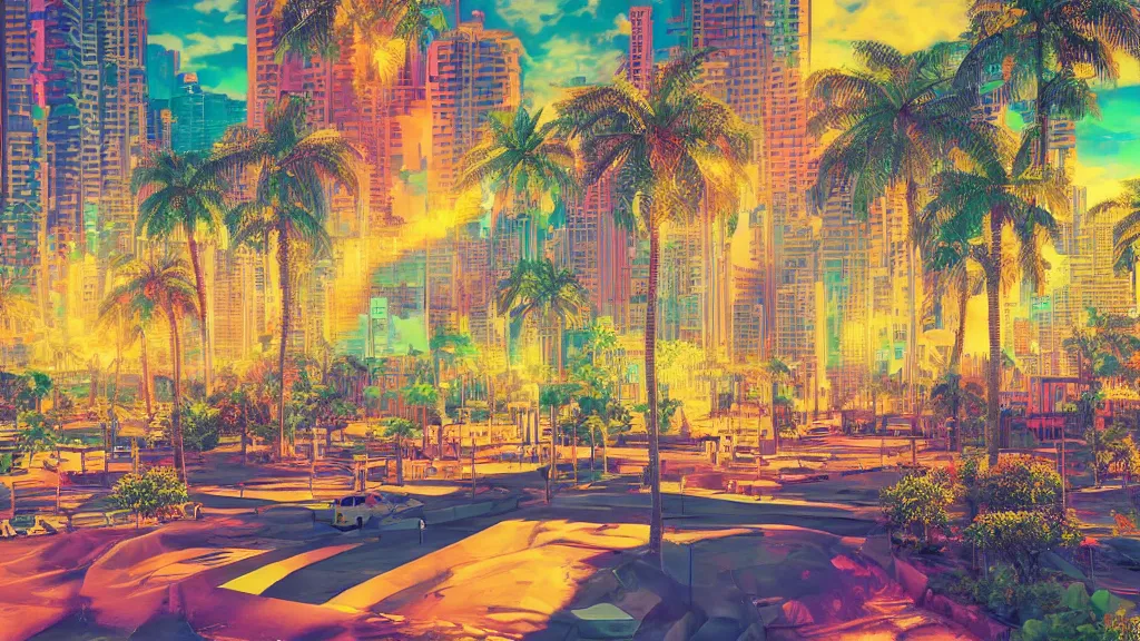 Image similar to golden city in a vaporwave jungle, 4k, ultra realistic, colorful, award winning photograph