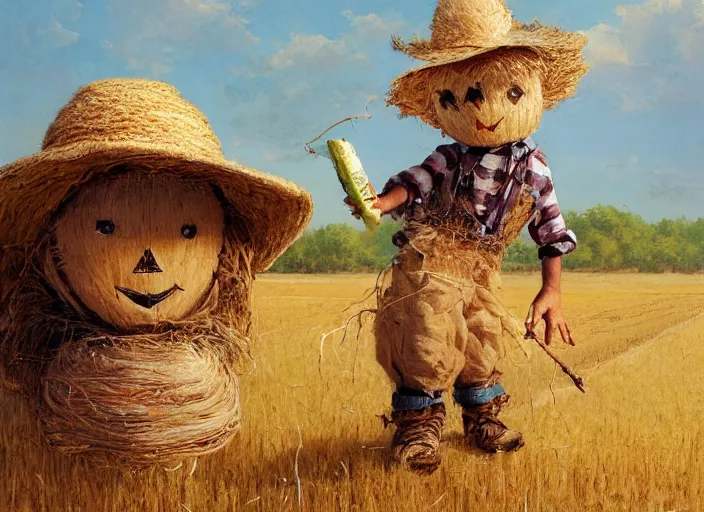 Prompt: a cute short and wide scarecrow with straw for hair and with a straw hat in overalls walking on a dirt road next to a large tall corn field, by tom lovell, ross tran, terry redlin, jean baptiste monge, greg rutkowski, painterly