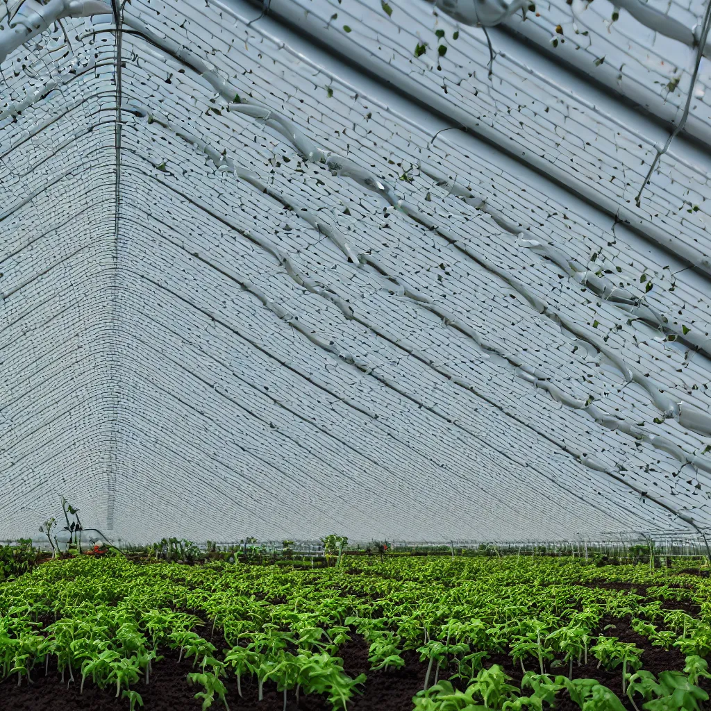 Prompt: zaha hadid style greenhouse, irrigation system in the background, racks of vegetables propagated under shadecloth, in the middle of the desert, with a miniature indoor lake, XF IQ4, 150MP, 50mm, F1.4, ISO 200, 1/160s, natural light at sunset with outdoor led strip lighting