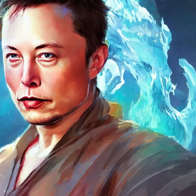 Image similar to Elon Musk as a waterbender, portrait, elegant, intricate, digital painting, artstation, concept art, smooth, sharp focus, illustration, art by konstantin korovin and Daniel F. Gerhartz and john howe