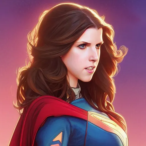 Image similar to Anna Kendrick as Super Girl, western, D&D, fantasy, intricate, elegant, highly detailed, digital painting, artstation, concept art, matte, sharp focus, illustration, art by Artgerm and Greg Rutkowski and Alphonse Mucha