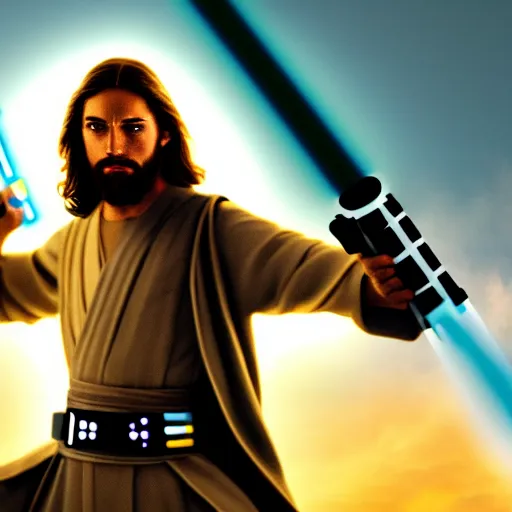 Image similar to jesus christ holding a lightsaber and fighting for the republic in star wars, 4 k, high resolution, still, landscape, hd, dslr, hyper realistic