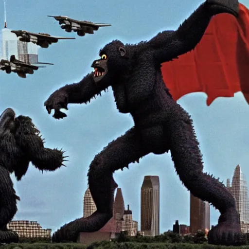 Prompt: george w bush as king kong fighting osama bin ladin as godzilla, george bush is fighting osama bin laden, in front of the world trade centers, with two airplanes in the sky