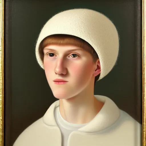 Prompt: tall white 1 6 years old teenager wearing a hat. the hat is made out of white wool and covers his entire head except for his face. the hat has two bumps on the top at both sides that resemble bear ears. ¾ face angle portrait, royal portrait painting, oil painting, highly detailed, realistic face, self - satisfied smirk