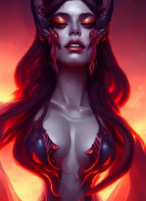 Prompt: a beautiful queen of the underworld half - body view, highly detailed, artgerm style, trending on artstation, soft light, sharp focus, illustration, character design, concept art