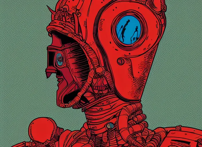 Image similar to martian citizen cyborg with surreal outfit by moebius, vector art, cyberpunk, red flat poster texture