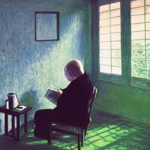 Prompt: old balding japanese man with white shirt, sitting on a chair and reading newspaper while looking at the ceiling of his room with contrastic green lighting by monet