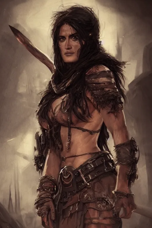 Image similar to portrait, Salma Hayek , barbarian , dressed in tattered black leather , face portrait, raphael lacoste, eddie mendoza, alex ross, concept art, matte painting, highly detailed, rule of thirds, dynamic lighting, cinematic, detailed, denoised, centred
