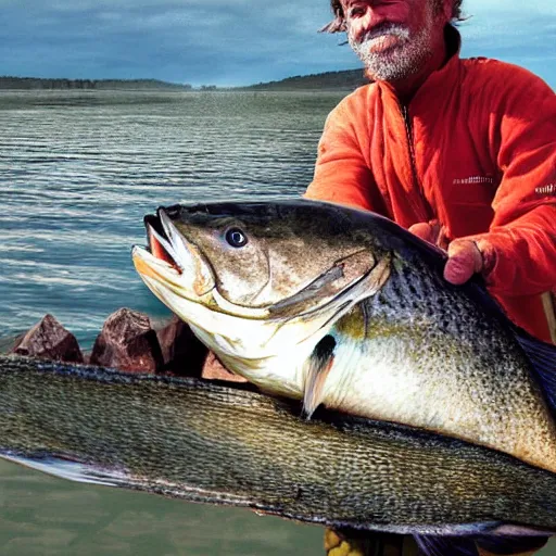Image similar to a fisherman who just caught a very nice fish, hyperrealistic photograph