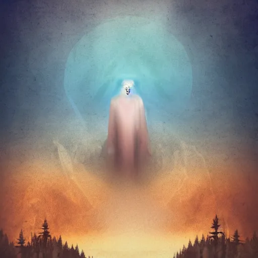 Prompt: ethereal god in a misty mountain valley, digital art