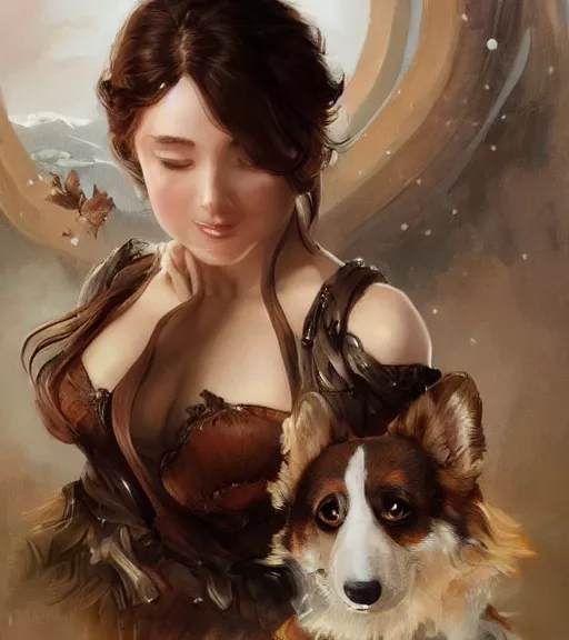 Image similar to full portrait of a young, attractive woman petting a corgi dog, soft hair, muscular, half body, cloth, d & d, fantasy, intricate, elegant, highly detailed, digital painting, artstation, concept art, smooth, sharp focus, illustration, art by artgerm and greg rutkowski and alphonse mucha