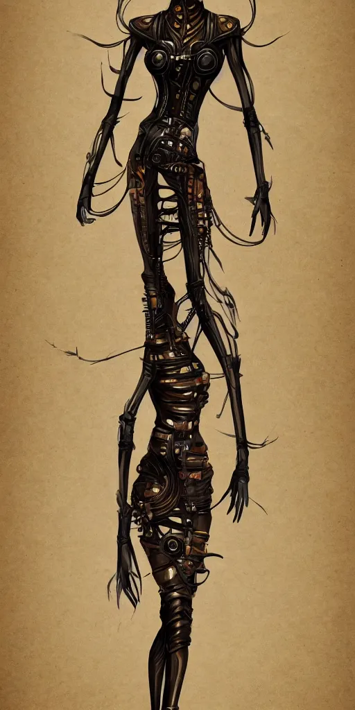 Image similar to 2d steampunk vertical tubeworm, game character design, long slender body, no appendages, striations, articulated joints, black background, intricate, trending on artstation